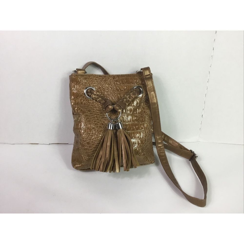 Bueno Croc Print Crossbody Purse Handbag Pocketbook Gold Tan Tassels Pockets‎